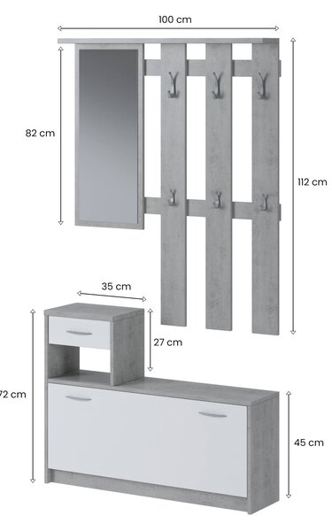 Mobile ingresso sospeso con scarpiera bianco e cemento 100x190h cm - Garolfo