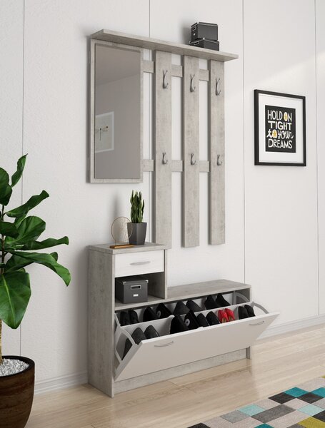 Mobile ingresso sospeso con scarpiera bianco e cemento 100x190h cm - Garolfo