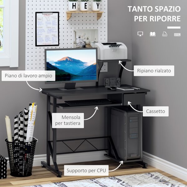 HOMCOM Scrivania per Computer Salvaspazio in Acciaio e Legno con Cassetto, Ripiano Tastiera Estraibile|Aosom