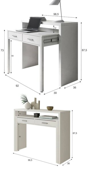 Scrivania estensibile bianca 98x36cm con 2 cassetti - Andriy