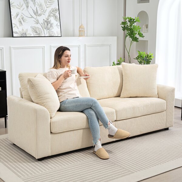 Divano 3 Posti con Molle Insacchettate e 2 Cuscini 212x80x88 cm in Velluto a Coste Bianco Crema