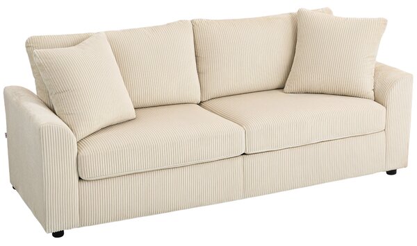 Divano 3 Posti con Molle Insacchettate e 2 Cuscini 212x80x88 cm in Velluto a Coste Bianco Crema