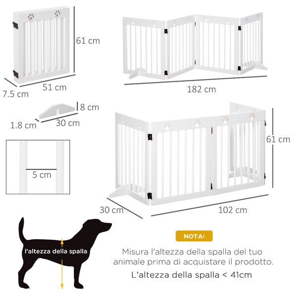 PawHut Cancelletto di Sicurezza Pieghevole per Cani 4 Sezioni in Legno di Pino Resistente e Facile da Montare 204x30x61cm Bianco|Aosom