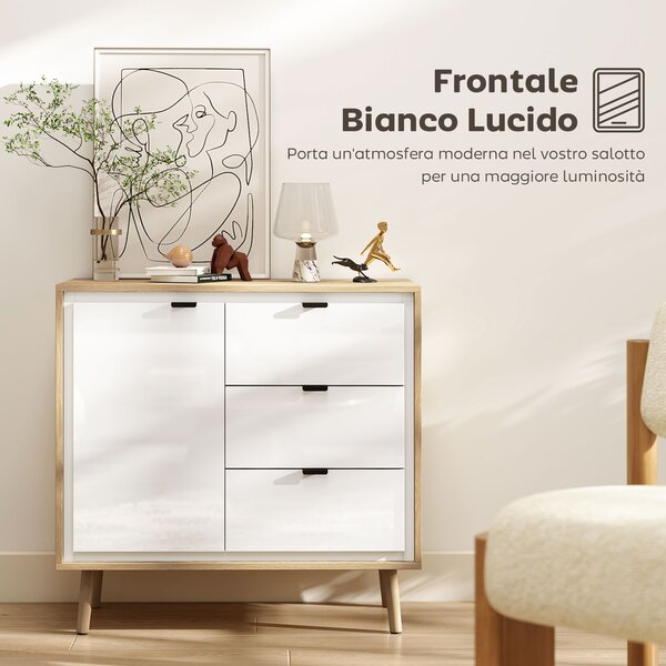 HOMCOM Credenza Moderna con 3 Cassetti e Armadietto, Ripiano Interno Regolabile e Ante Lucide, Bianco e Rovere | Aosom Italy