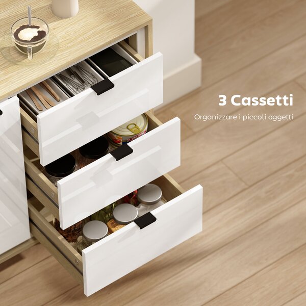HOMCOM Credenza Moderna con 3 Cassetti e Armadietto, Ripiano Interno Regolabile e Ante Lucide, Bianco e Rovere | Aosom Italy