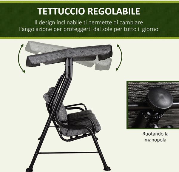 Outsunny Dondolo da Esterno 3 Posti con Seduta Imbottita e Tettuccio Regolabile Anti-Raggi UV, Dondolo Giardino in Acciaio, Nero | Aosom Italy