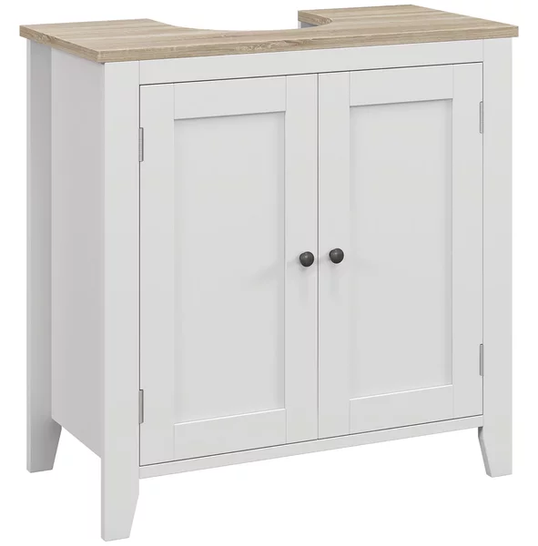 Kleankin Mobile Sottolavabo Bagno a U con Ripiano Regolabile Interno, in MDF, 60x30x60 cm, Bianco e color Legno|Aosom