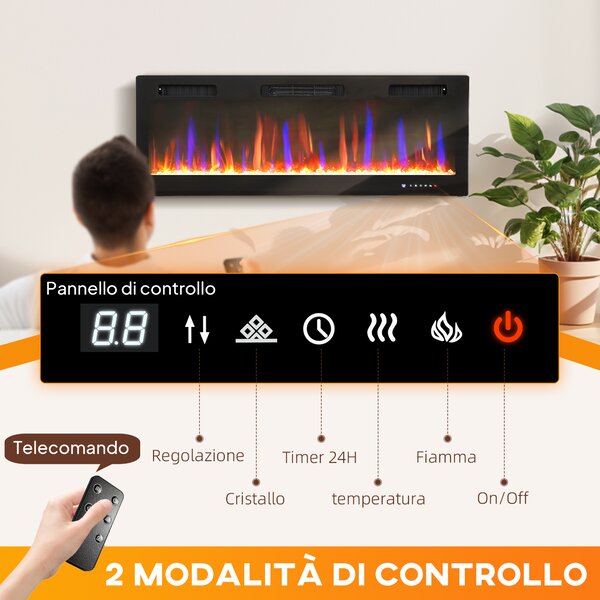HOMCOM Camino Elettrico da Incasso o a Parete con Temperatura Regolabile, in Acciaio e Vetro, 127x9.4x47 cm, Nero | Aosom Italy