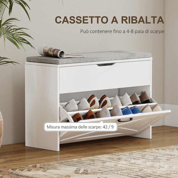 HOMCOM Panca Scarpiera con Cassetto Ribaltabile e Contenitore, Capacità 8 Paia di Scarpe, 80x30x55 cm, Bianco | Aosom Italy