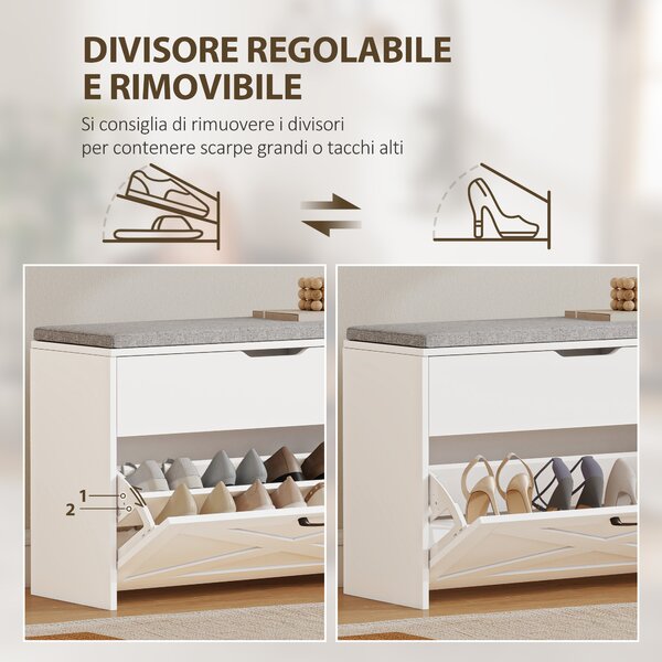 HOMCOM Panca Scarpiera con Cassetto Ribaltabile e Contenitore, Capacità 8 Paia di Scarpe, 80x30x55 cm, Bianco | Aosom Italy
