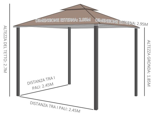 Outsunny Gazebo da Giardino con Zanzariera, Tetto a 2 Livelli e Struttura in Metallo, 3x3 m, Marrone | Aosom Italy