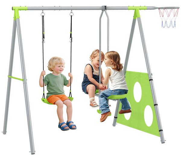 AIYAPLAY Gioco per Bambini 4 in 1 con 2 Altalene da Giardino, Canestro e Porta da Calcio, 215x180x182 cm, Verde e Grigio