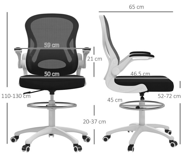 Vinsetto Sedia da Ufficio Ergonomica in Tessuto Traspirante con Altezza Regolabile e Braccioli Ribaltabili, 59x65x110-130 cm, Bianca e Nera|Aosom