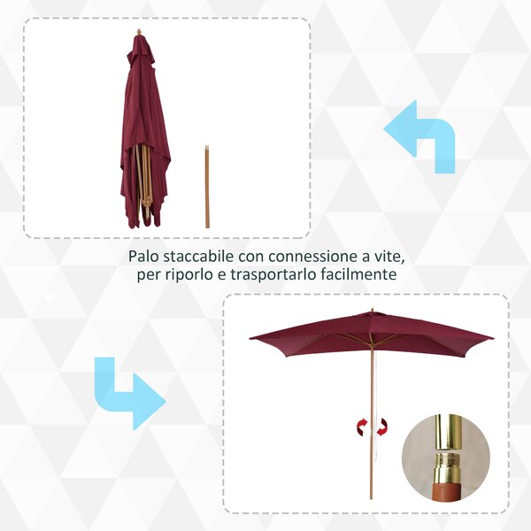 Outsunny Ombrellone da Giardino Impermeabile, Struttura in Legno, 2x2.95x2.55m, Bordeaux, Protezione UV per Esterni|Aosom