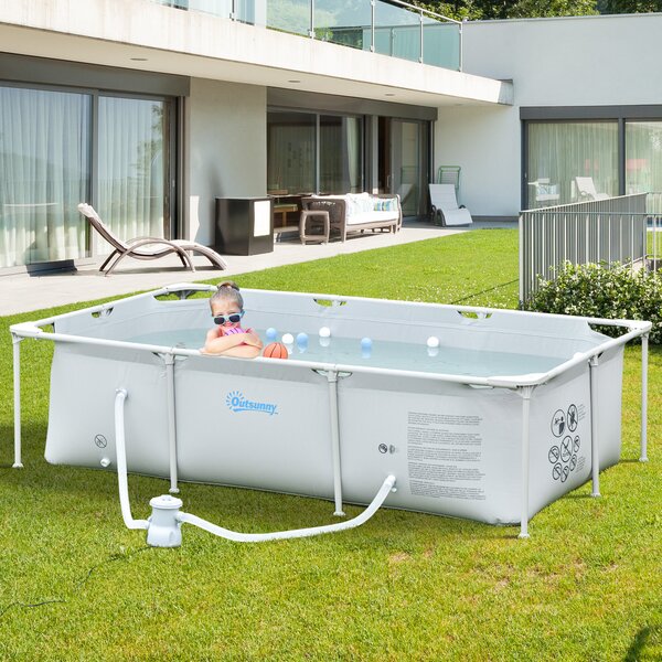 Outsunny Piscina Fuori Terra Autoportante, Piscina Rigida Rettangolare con Filtro e Valvola in Acciaio e PVC, Grigio, 252x152x65cm|Aosom