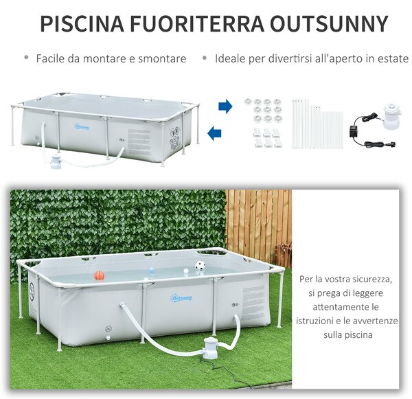 Outsunny Piscina Fuori Terra Autoportante, Piscina Rigida Rettangolare con Filtro e Valvola in Acciaio e PVC, Grigio, 252x152x65cm|Aosom