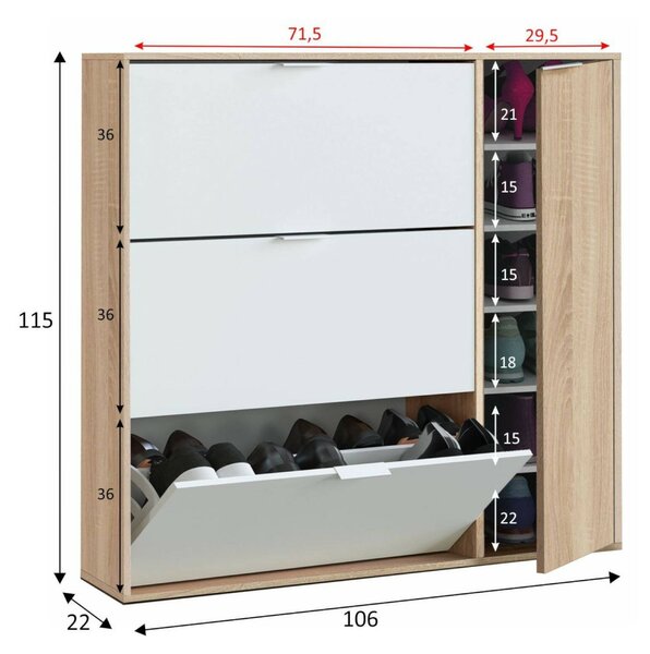 Scarpiera moderna 4 ante rovere e bianca 106x115h cm - Ammour