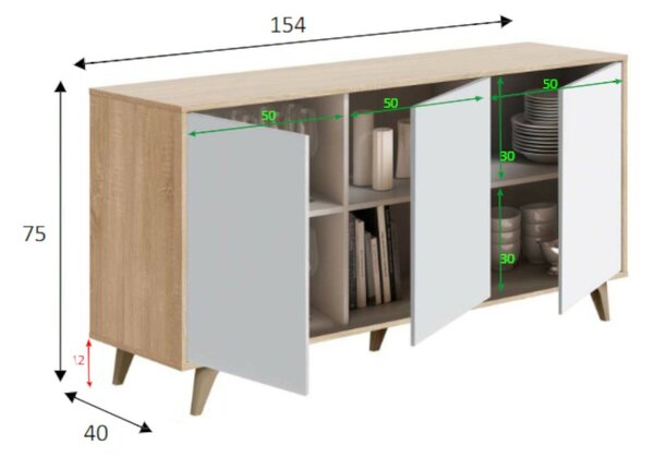 Credenza soggiorno rovere e bianca 154x41x75h cm 3 ante - Acrolorum