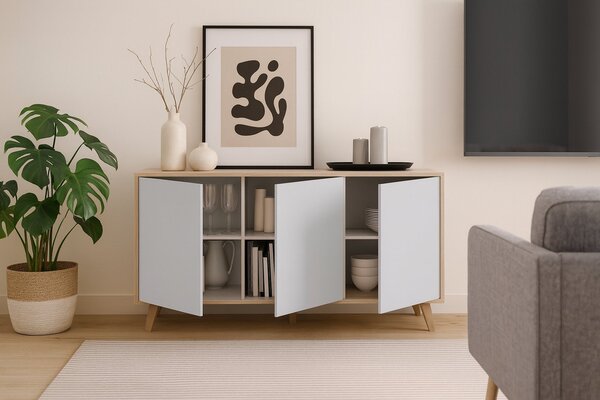Credenza soggiorno rovere e bianca 154x41x75h cm 3 ante - Acrolorum