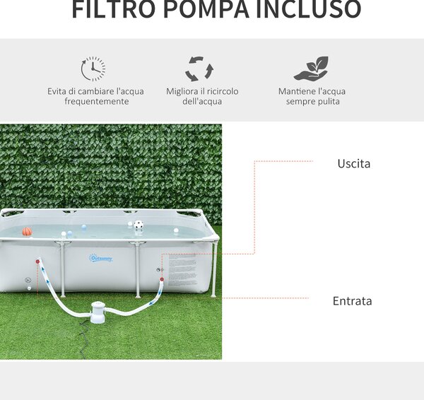 Outsunny Piscina Fuori Terra Autoportante, Piscina Rigida Rettangolare con Filtro e Valvola in Acciaio e PVC, Grigio, 252x152x65cm|Aosom