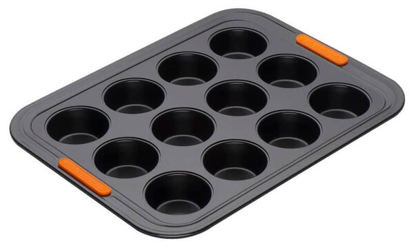 Steel mold for cupcakes, pies, and many other sweet and savory items. Double layer of non-stick for quick and easy cleaning. Perfect cooking with optimal heat distribution. Non-deformable at high temperatures. Heat resistant silicone handle