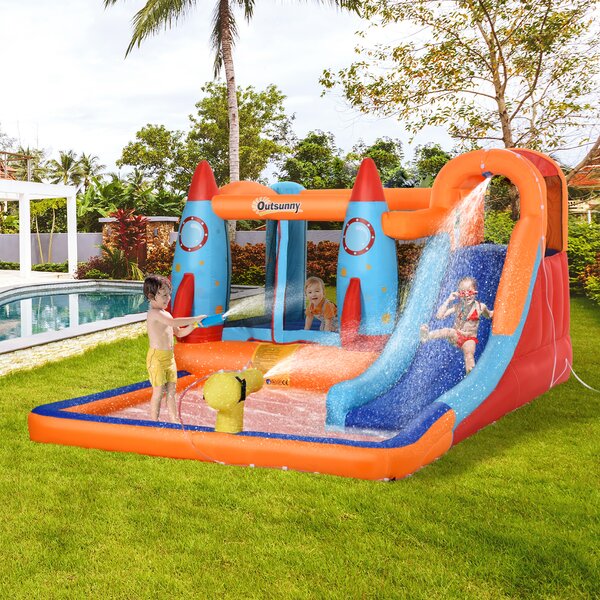 Outsunny Castello Gonfiabile per Bambini Piscina con Scivolo e Trampolino, Pompa Elettrica, 350x250x185cm, Multicolore|Aosom