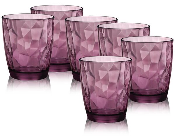 Set of purple colored glass water glasses. Elegant and precious diamond-like edge design. Paste colors always vivid, transparent, which do not discolour and do not wear out over time. Ecological and safe. BPA free. Dishwasher safe