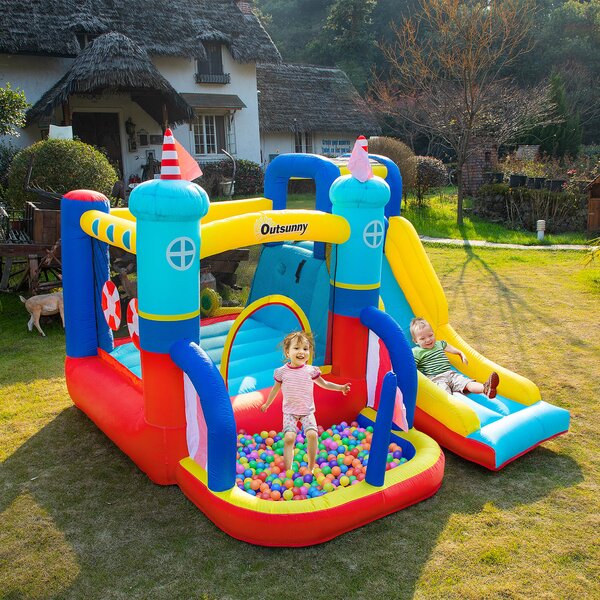Outsunny Castello Gonfiabile 4 in 1 per Bambini da 3 a 8 Anni con Scivolo, Trampolino, Piscina e Gonfiatore Incluso, 265x260x200cm|Aosom