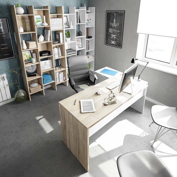 Scrivania moderna rovere e bianca 145x108cm con 2 cassetti - Agnello