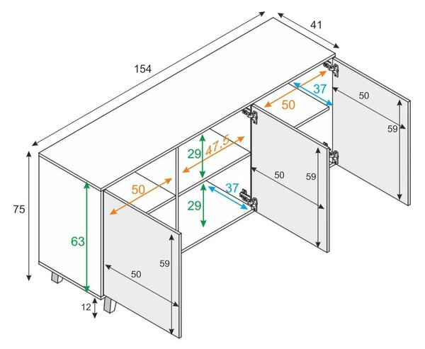 Credenza bianca 154x41x75h cm 3 ante - Acrolorum