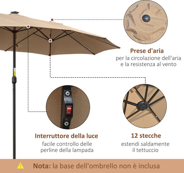 Outsunny Ombrellone da Giardino 4.5m con 48 Luci LED a Energia Solare, Ombrellone Doppio Parasole con Manovella, Cachi|Aosom
