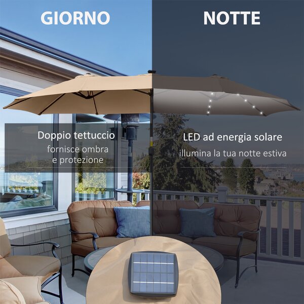 Outsunny Ombrellone da Giardino 4.5m con 48 Luci LED a Energia Solare, Ombrellone Doppio Parasole con Manovella, Cachi|Aosom