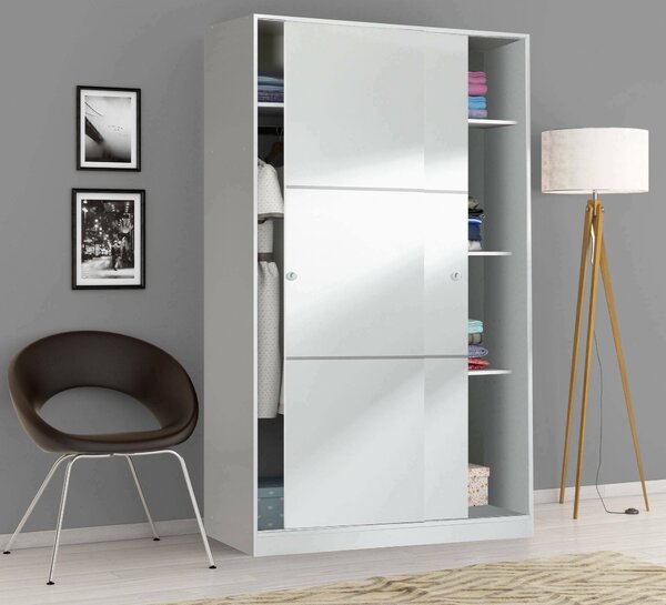 Armadio Guardaroba 2 Ante Scorrevoli 120x50x200h cm Bianco lucido Salvaspazio in Legno con Appendiabiti e 4 Ripiani Regolabili – Adrenalin