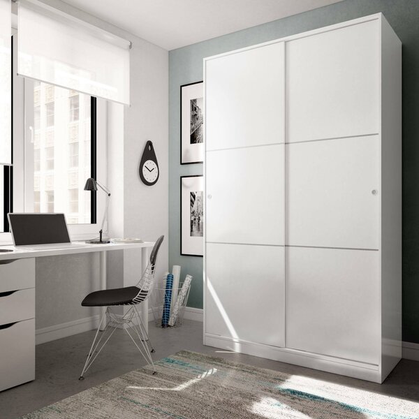 Armadio Guardaroba 2 Ante Scorrevoli 120x50x200h cm Bianco lucido Salvaspazio in Legno con Appendiabiti e 4 Ripiani Regolabili – Adrenalin