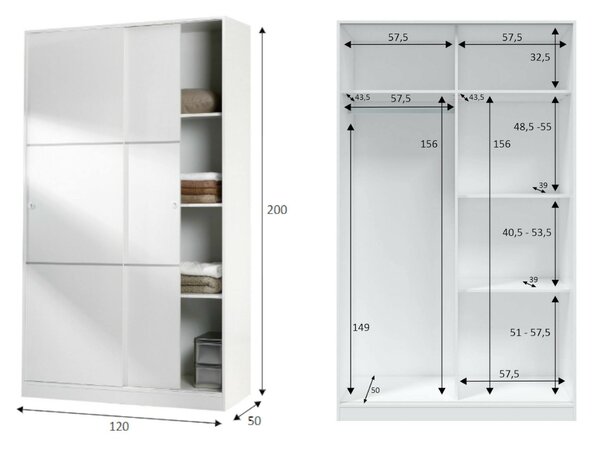 Armadio Guardaroba 2 Ante Scorrevoli 120x50x200h cm Bianco lucido Salvaspazio in Legno con Appendiabiti e 4 Ripiani Regolabili – Adrenalin