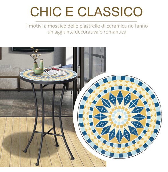 Outsunny Tavolino da Giardino in Metallo con Piano d'Appoggio a Mosaico in Ceramica, Ф35.5x53.5cm, Multicolore|Aosom