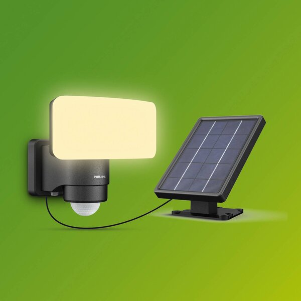 Philips Faretto da esterno a LED solare Tylus, nero 3.000K Sensore Tylus, Nero, Plastica, Lampada solare da esterni