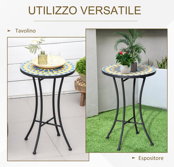 Outsunny Tavolino da Giardino in Metallo con Piano d'Appoggio a Mosaico in Ceramica, Ф35.5x53.5cm, Multicolore|Aosom