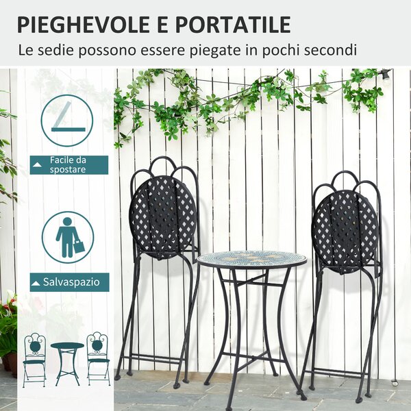 Outsunny Set da Giardino con Mosaico da 3 Pezzi, Tavolino Rotondo da Esterno con 2 Sedie Pieghevoli in Metallo, Verde|Aosom