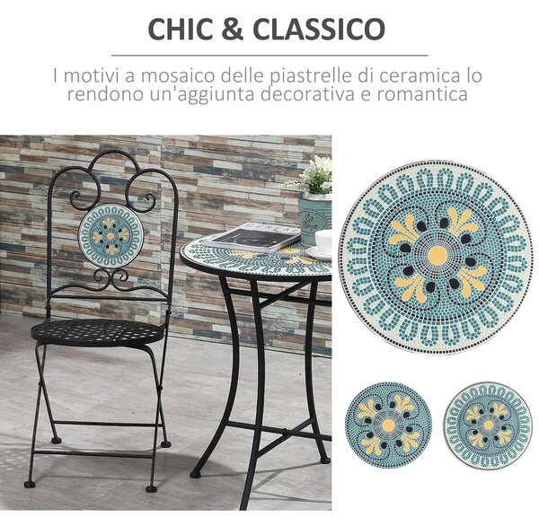 Outsunny Set da Giardino con Mosaico da 3 Pezzi, Tavolino Rotondo da Esterno con 2 Sedie Pieghevoli in Metallo, Verde|Aosom
