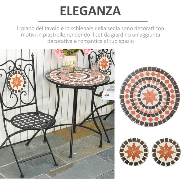 Outsunny Mobili da Giardino Set da 3 Pezzi con 2 Sedie Pieghevoli e 1 Tavolino a Mosaico, in Metallo e Ceramica|Aosom