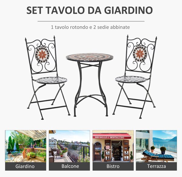 Outsunny Mobili da Giardino Set da 3 Pezzi con 2 Sedie Pieghevoli e 1 Tavolino a Mosaico, in Metallo e Ceramica|Aosom
