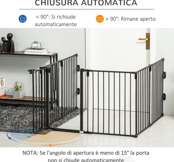 PawHut Cancelletto di Sicurezza Pieghevole 6 Sezioni, Cancellino Barriera per Cani in Acciaio, Sistema di Blocco e Chiusura Automatica, Nero|Aosom