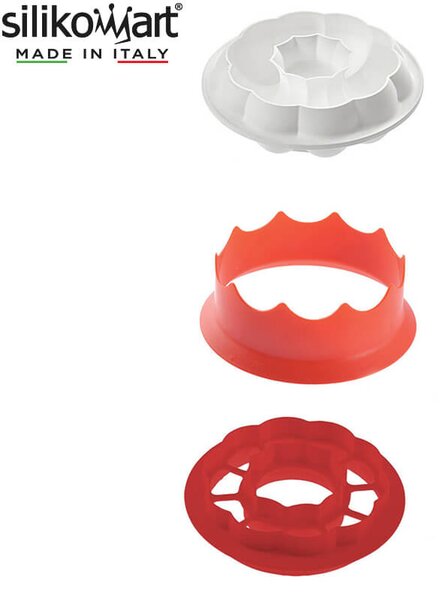 Complete kit for the creation of special cakes Ø 160mm - 600ml complete with white silicone mold, double-use cutter and separator for a different coloring or glazing of the surface. 100% food. Dishwasher safe. Produced in Italy