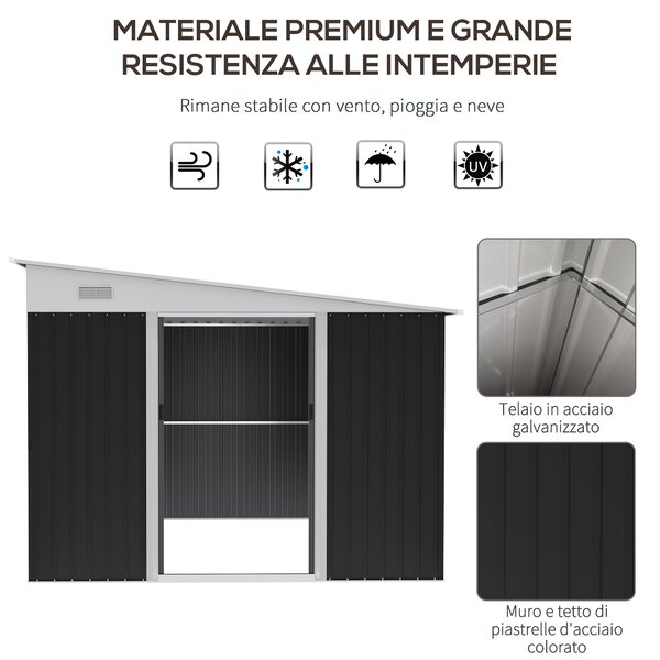 Outsunny Casetta da Giardino con Porta Scorrevole, in Acciaio, 345x280.5x169-201 cm, Nero | Aosom Italy