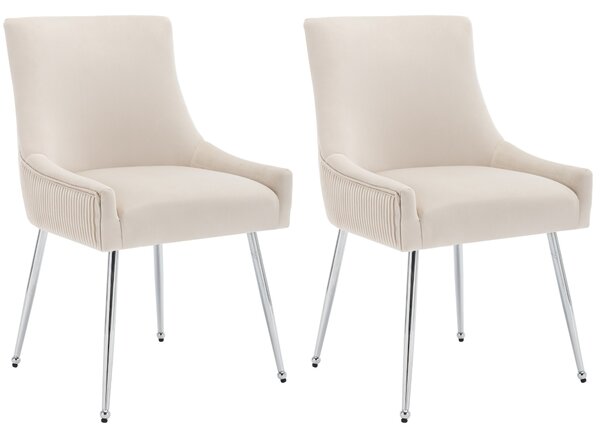 Set 2 sedie moderne in tessuto effetto velluto con Strisce Verticali e Seduta Imbottita, 54x57.5x86.5 cm, Beige