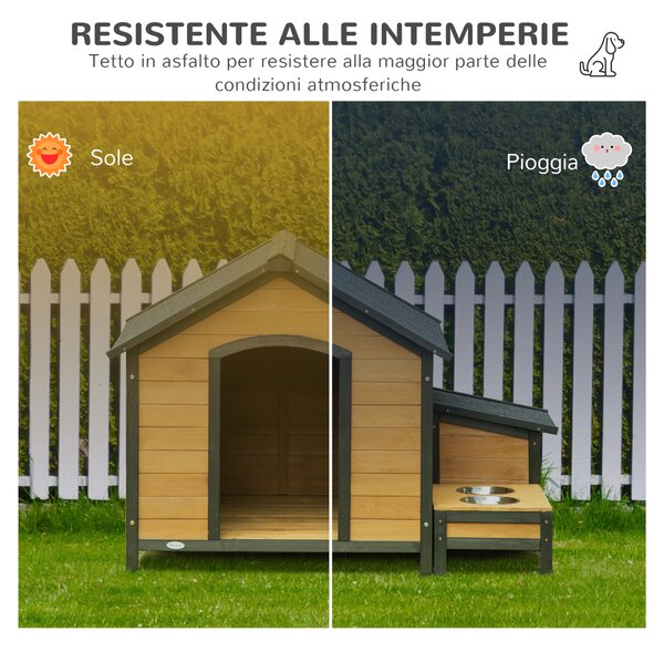 PawHut Cuccia per Cani Taglia Media in Legno di Abete con 2 Porta Ciotole, Box per Riporre e Tetto in Bitume, 130x93x92cm, Color Legno e Nera|Aosom