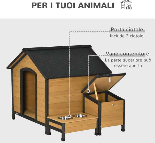 PawHut Cuccia per Cani Taglia Media in Legno di Abete con 2 Porta Ciotole, Box per Riporre e Tetto in Bitume, 130x93x92cm, Color Legno e Nera|Aosom