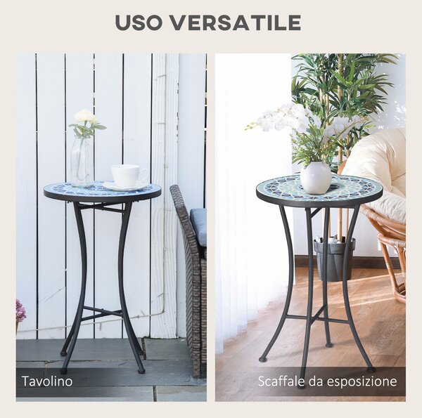 Outsunny Tavolino da Giardino Rotondo in Metallo con Piano in Ceramica, Design a Mosaico, Ф35.5x53.5cm, Blu|Aosom