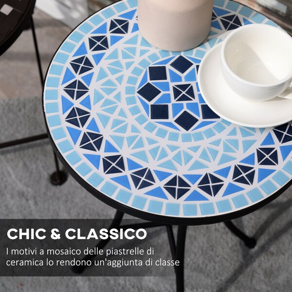 Outsunny Tavolino da Giardino Rotondo in Metallo con Piano in Ceramica, Design a Mosaico, Ф35.5x53.5cm, Blu|Aosom